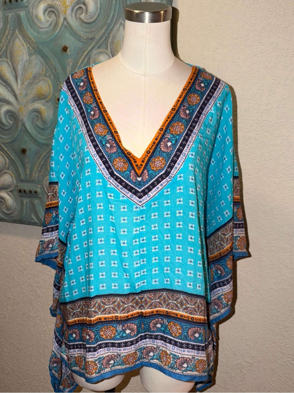 Sundance Womens XL Blue Boho Tunic Top Paisley Border Print Caftan 100% Modal - Picture 2 of 7